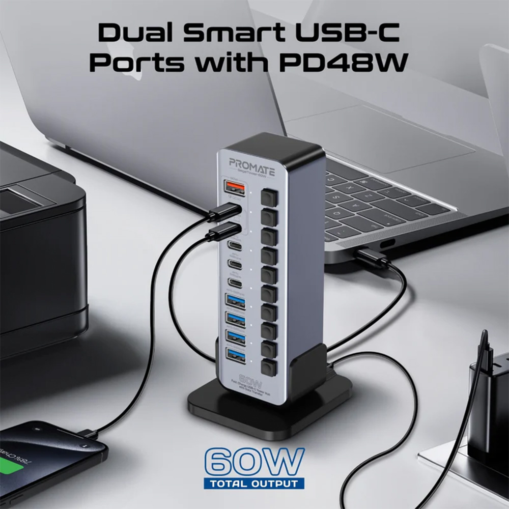 Promate Fast Charge Multi-port USB-C Tower Hub with 5Gbps Data Transfer - Image 4