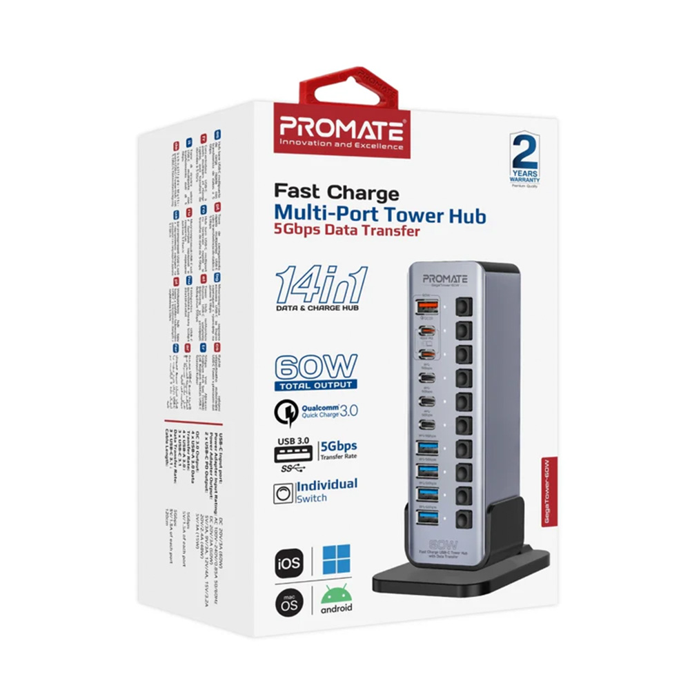 Promate Fast Charge Multi-port USB-C Tower Hub with 5Gbps Data Transfer - Image 5