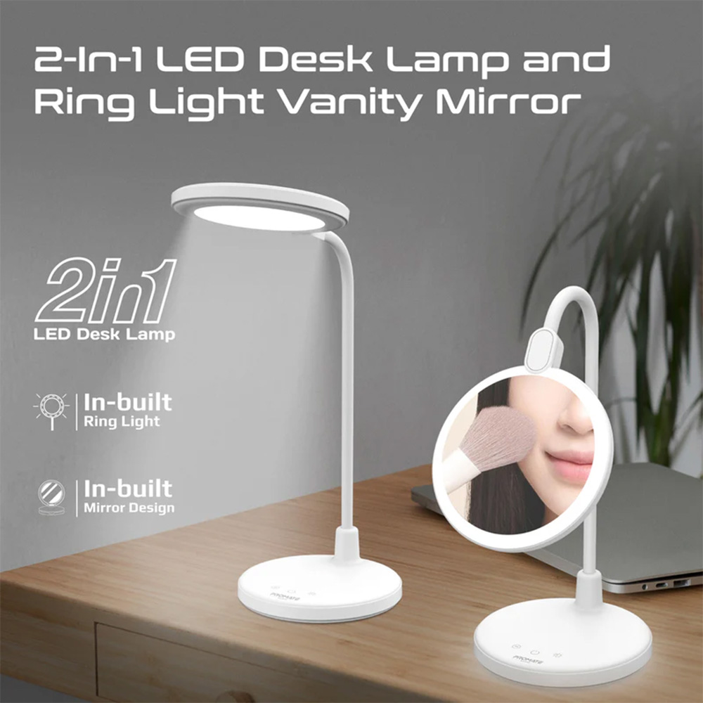 Promate Flexible Gooseneck LED Desk Lamp with Ring Light Vanity Mirror and touch controls - Image 2