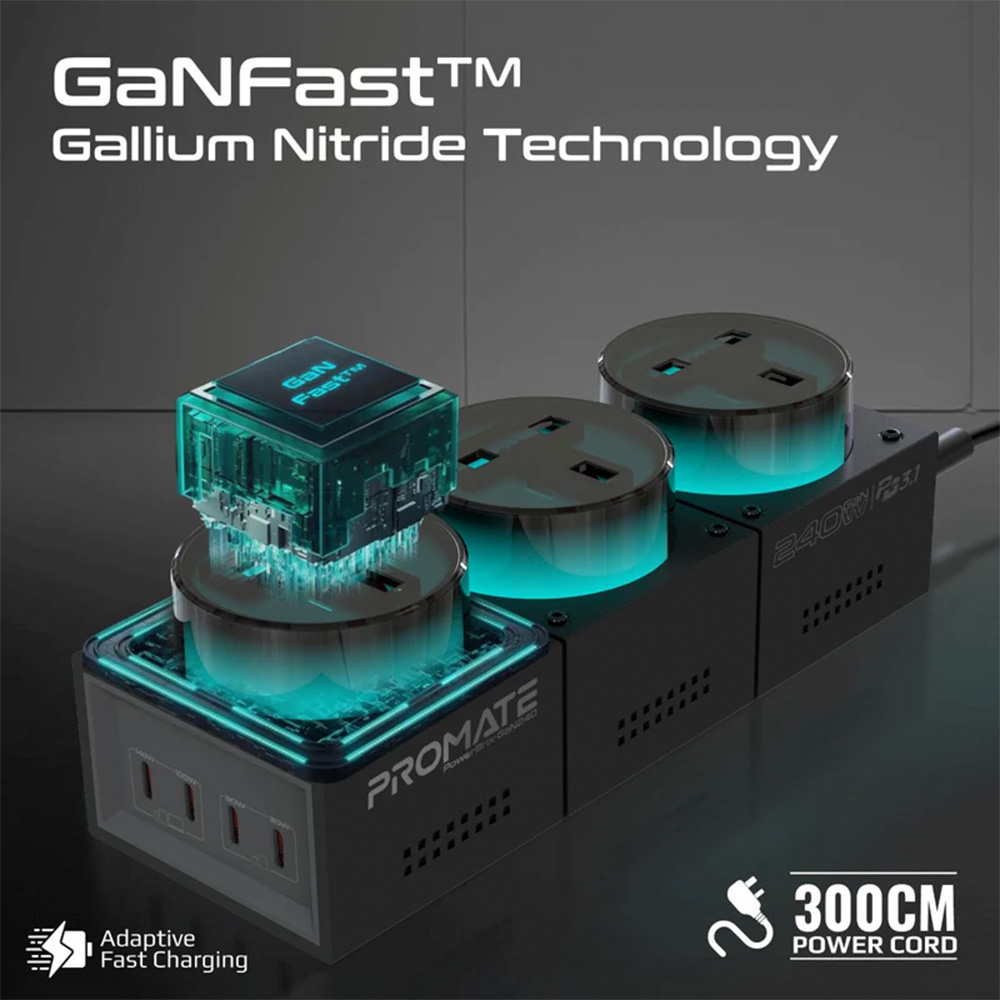 Promate 240W GaNFast Multi-Port RGB Desktop Charging Station with Triple AC Sockets - Image 2