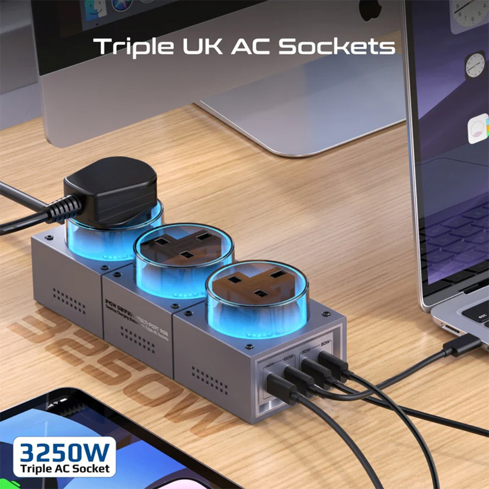 Promate 240W GaNFast Multi-Port RGB Desktop Charging Station with Triple AC Sockets - Image 3