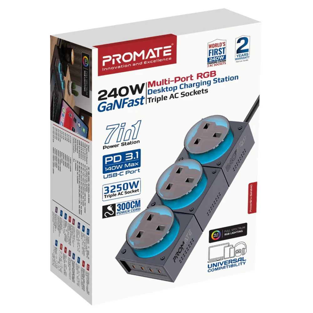 Promate 240W GaNFast Multi-Port RGB Desktop Charging Station with Triple AC Sockets - Image 4