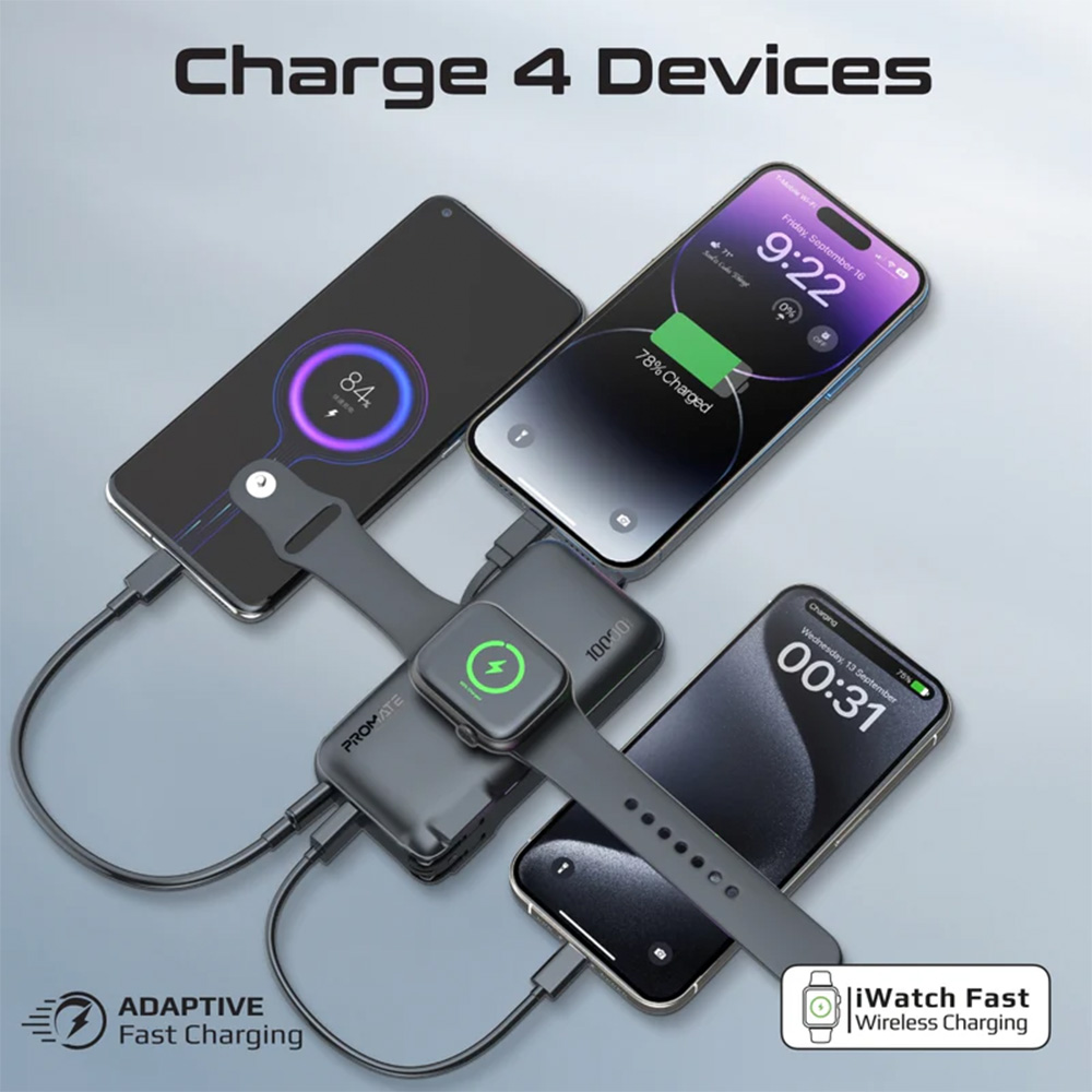 Promate 10000mAh Fast-Charging Power Bank with Apple Watch Charger and Built-In Lightning Cable - Image 2