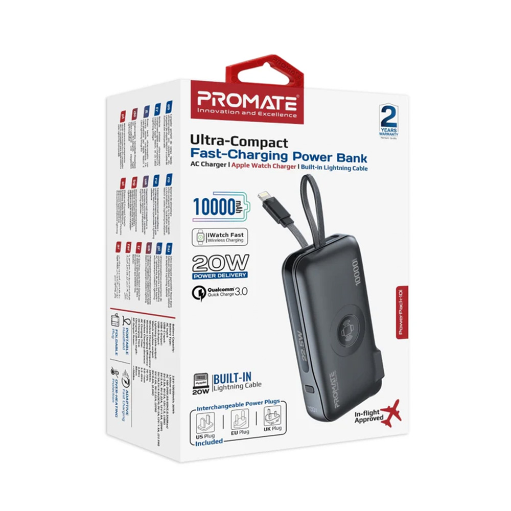 Promate 10000mAh Fast-Charging Power Bank with Apple Watch Charger and Built-In Lightning Cable - Image 4