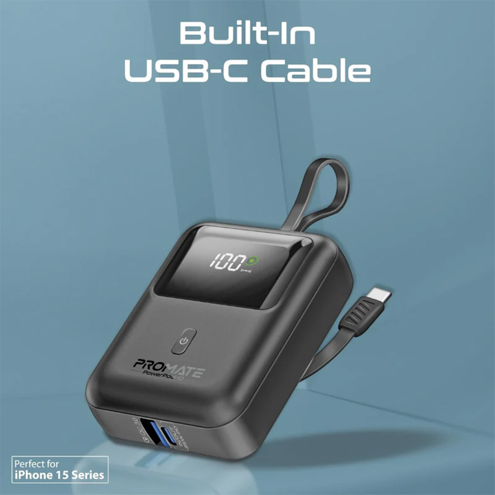 Promate 10000mAh Ultra Compact 35W SuperSpeed Power Bank with Built-In USB-C Cable - Black - Image 2