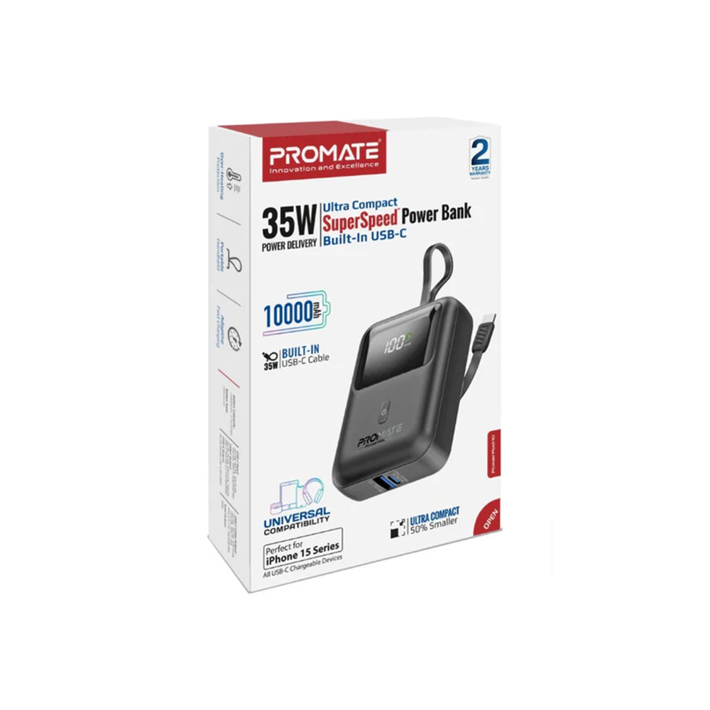 Promate 10000mAh Ultra Compact 35W SuperSpeed Power Bank with Built-In USB-C Cable - Black - Image 4