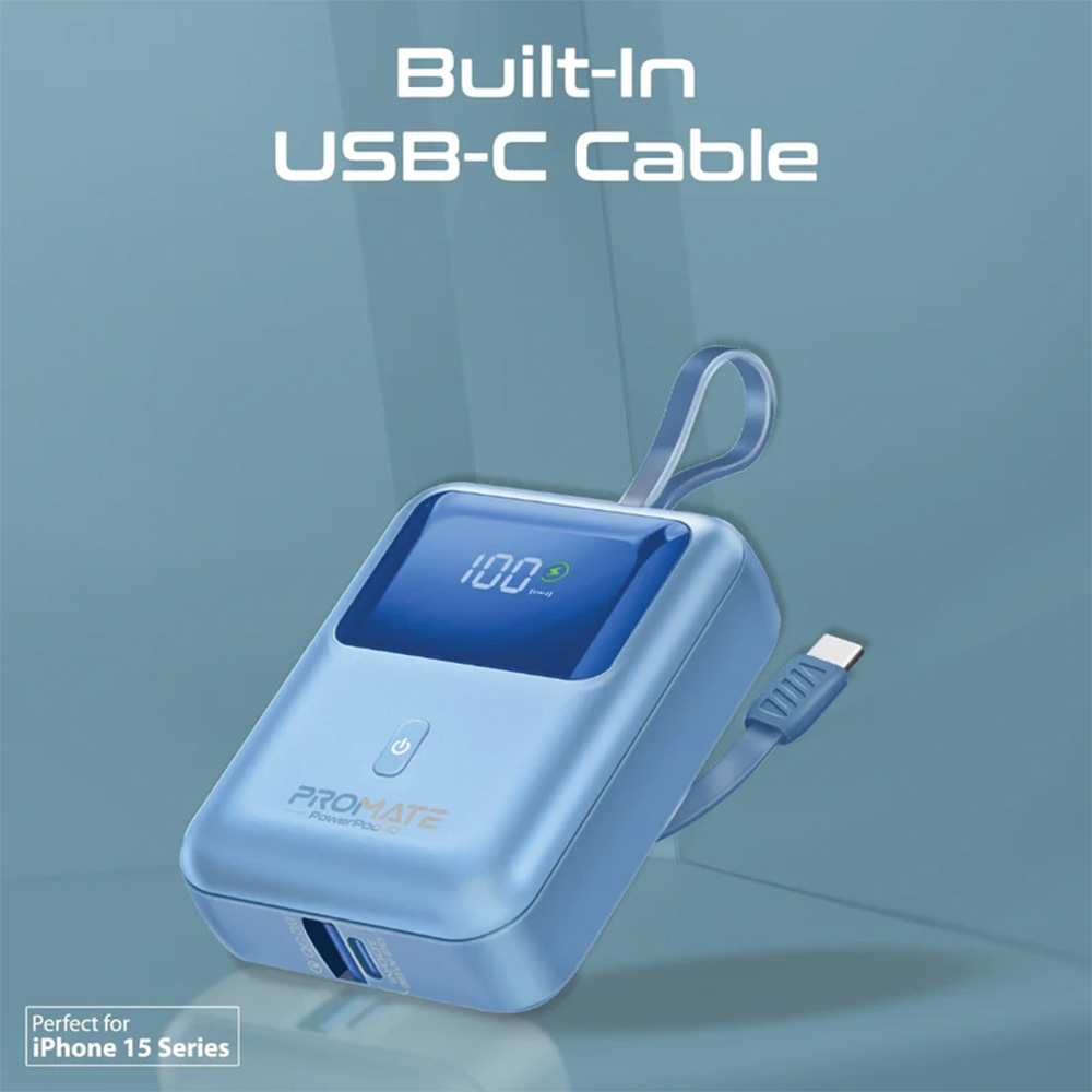 Promate 10000mAh Ultra Compact 35W SuperSpeed Power Bank with Built-In USB-C Cable - Blue - Image 2