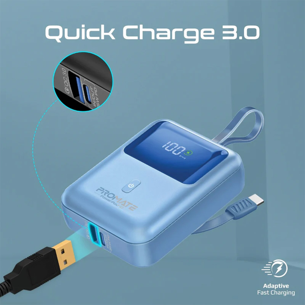 Promate 10000mAh Ultra Compact 35W SuperSpeed Power Bank with Built-In USB-C Cable - Blue - Image 3