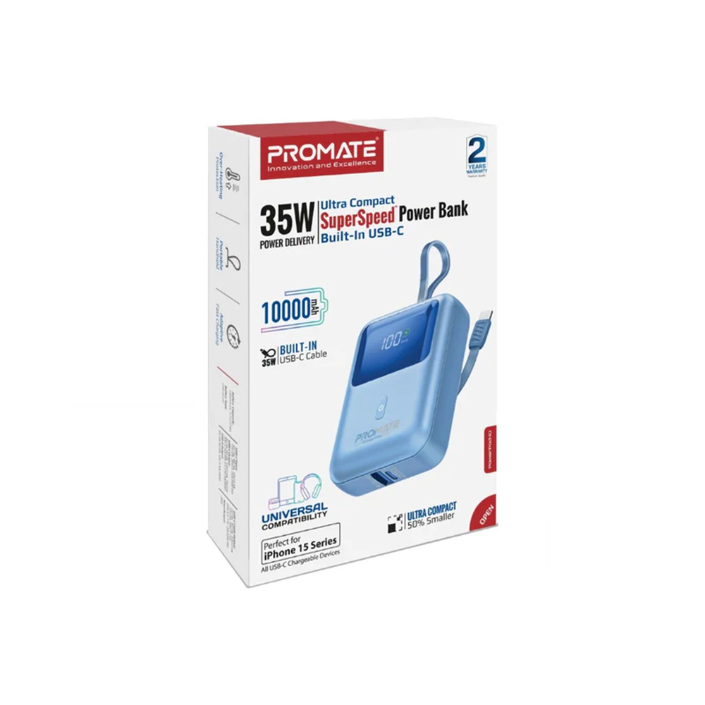 Promate 10000mAh Ultra Compact 35W SuperSpeed Power Bank with Built-In USB-C Cable - Blue - Image 4