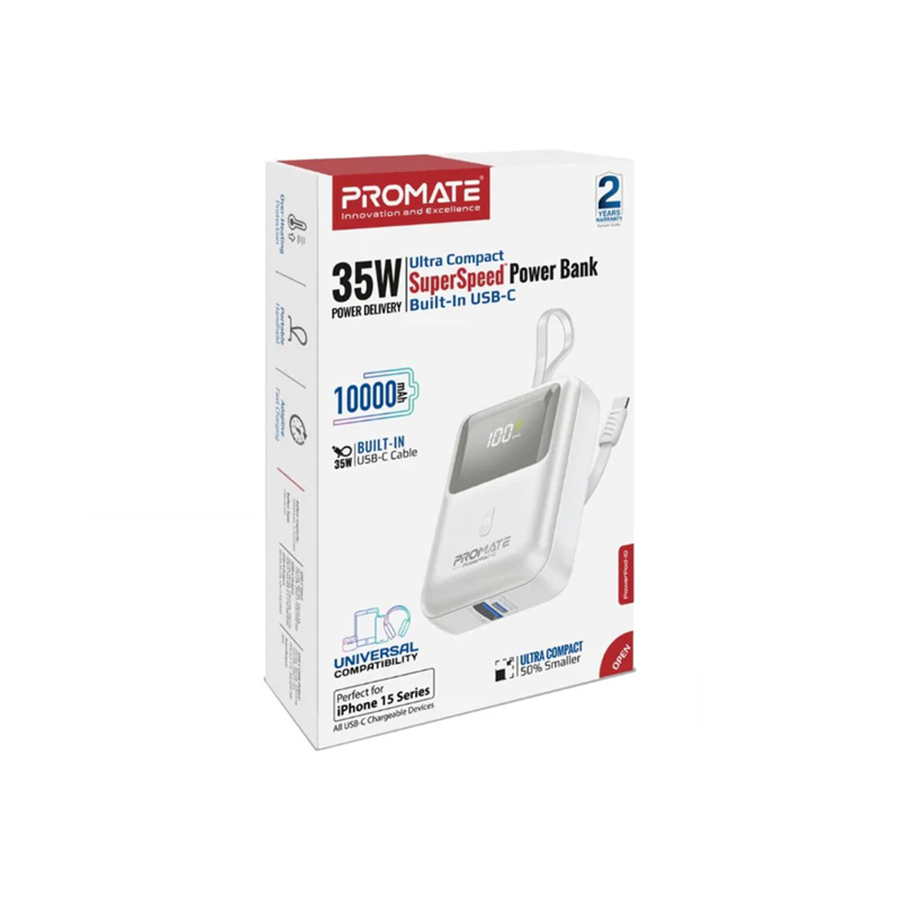 Promate 10000mAh Ultra Compact 35W SuperSpeed Power Bank with Built-In USB-C Cable - White - Image 4