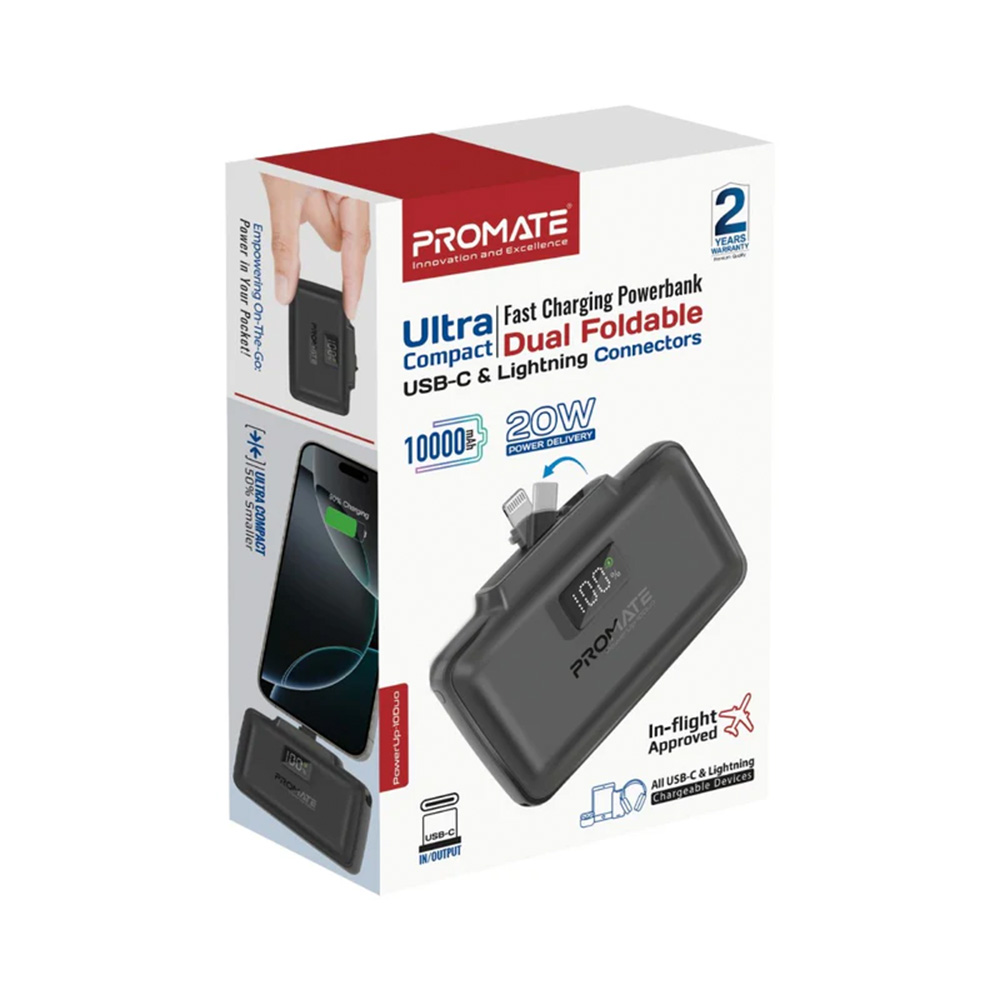 Promate 10000mAh UltraCompact Fast Charging Power Bank with Dual folding USB-C & Lightning Connector - Black - Image 4