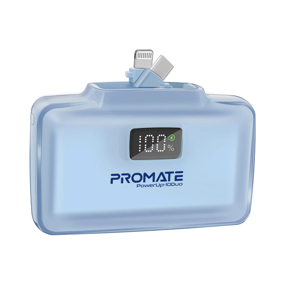 Promate 10000mAh UltraCompact Fast Charging Power Bank with Dual folding USB-C & Lightning Connector - Blue
