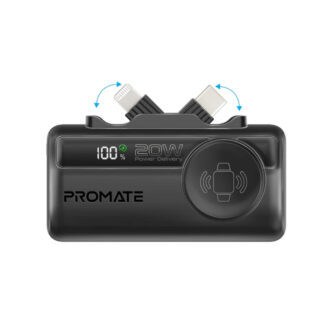 Promate 5000mAh Power Bank with In-built USB-C, Lightning Connectors & Apple Watch Charger - Black