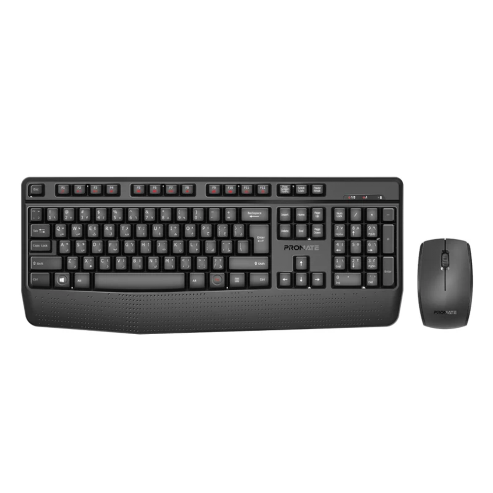 Promate Ergonomic Wireless Multimedia Keyboard with Palm Rest and Ambidextrous Mouse