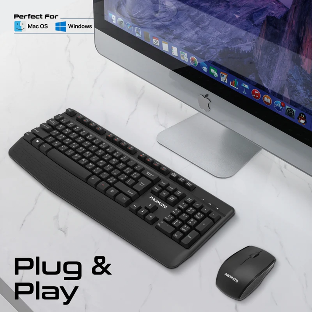 Promate Ergonomic Wireless Multimedia Keyboard with Palm Rest and Ambidextrous Mouse - Image 2
