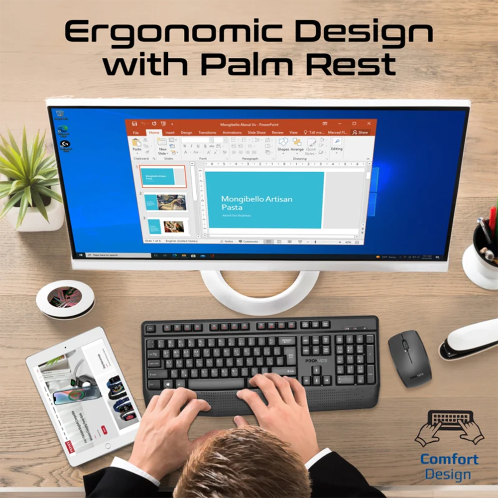 Promate Ergonomic Wireless Multimedia Keyboard with Palm Rest and Ambidextrous Mouse - Image 3