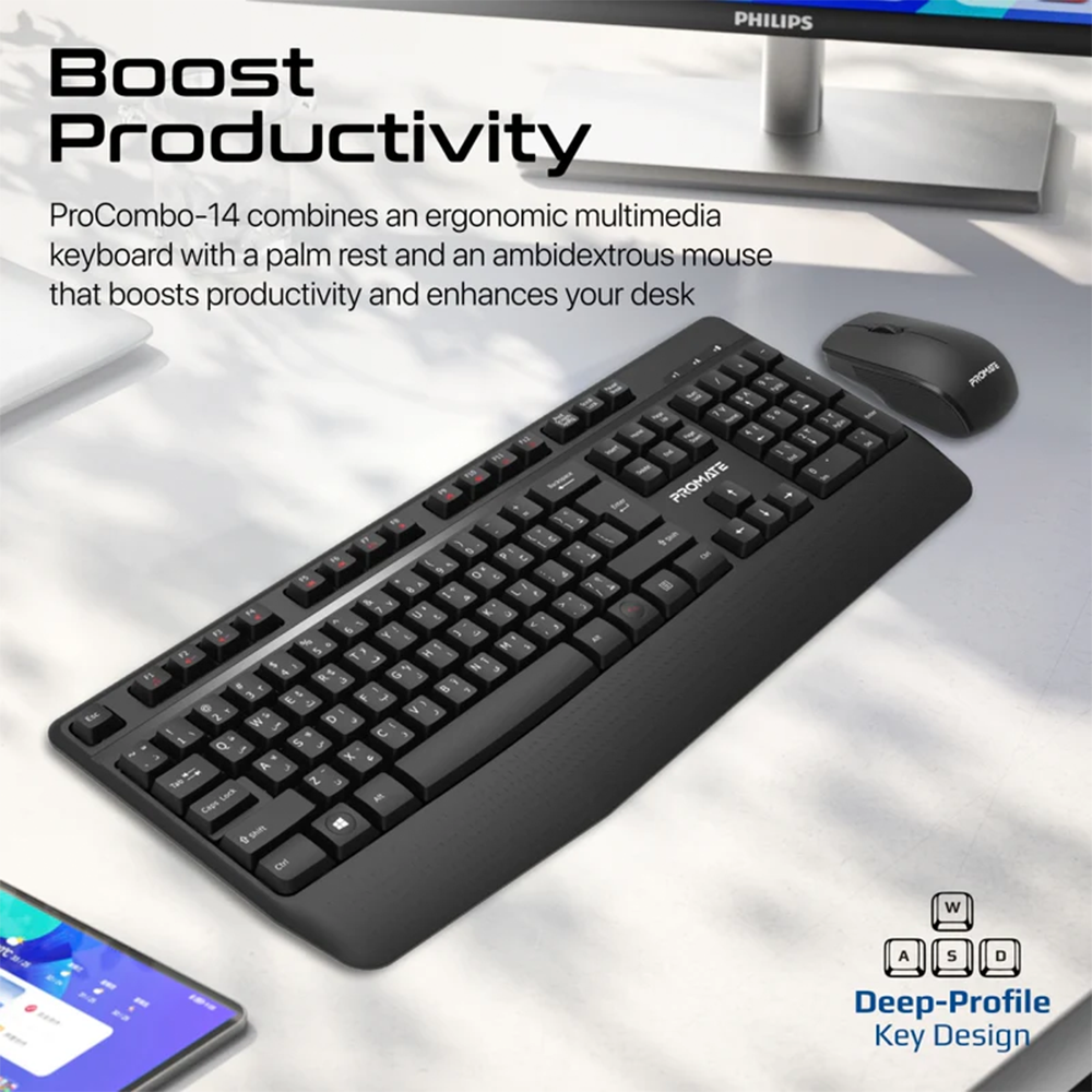 Promate Ergonomic Wireless Multimedia Keyboard with Palm Rest and Ambidextrous Mouse - Image 4
