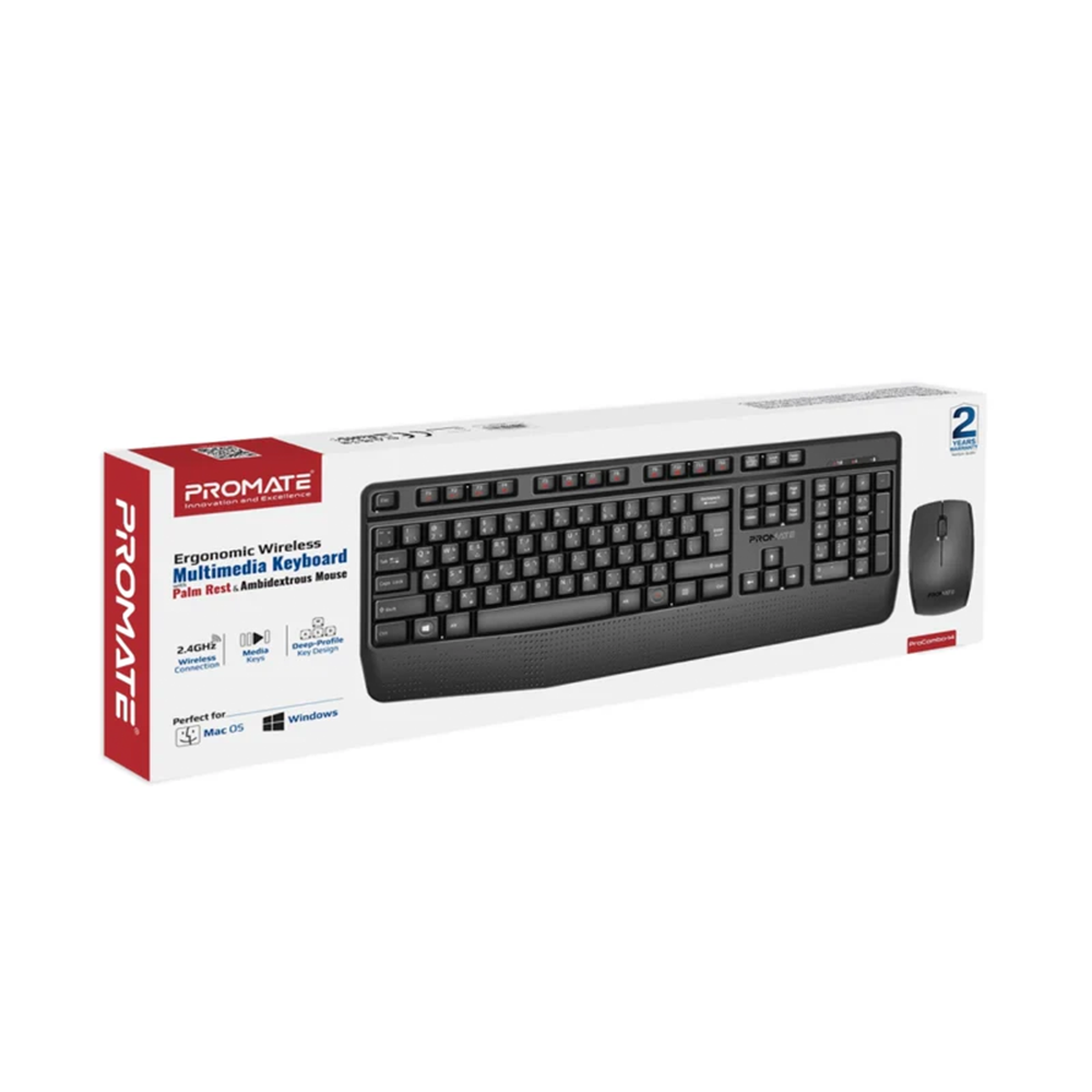 Promate Ergonomic Wireless Multimedia Keyboard with Palm Rest and Ambidextrous Mouse - Image 5