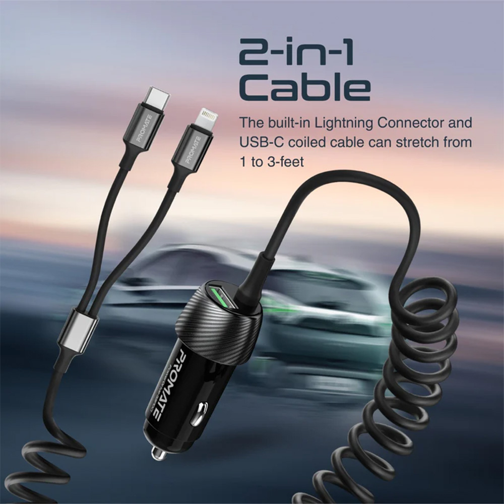 Promate 33W Car Charger with Lightning Connector & USB-C Cable - Image 3