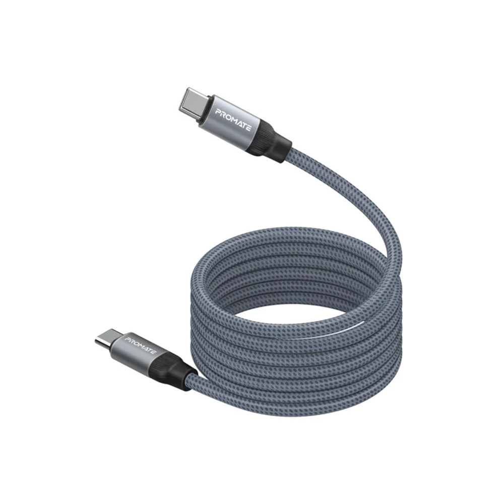 Promate 60W Power Delivery Self-Organizing Magnetic USB-C Cable - Nylon Braided Design - Grey