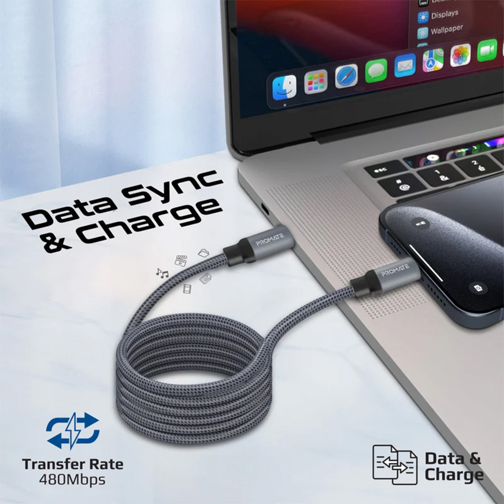 Promate 60W Power Delivery Self-Organizing Magnetic USB-C Cable - Nylon Braided Design - Grey - Image 3