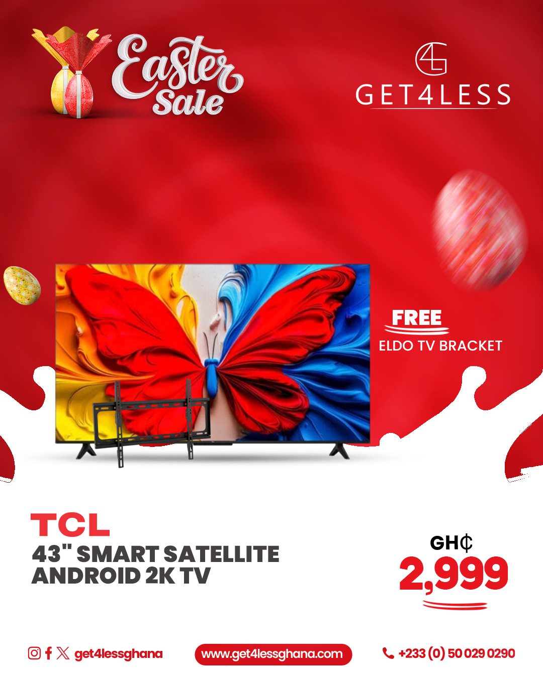 TCL TV 43 Smart Satellite Android 2K FHD QLED with Free Elodo Tv Bracket