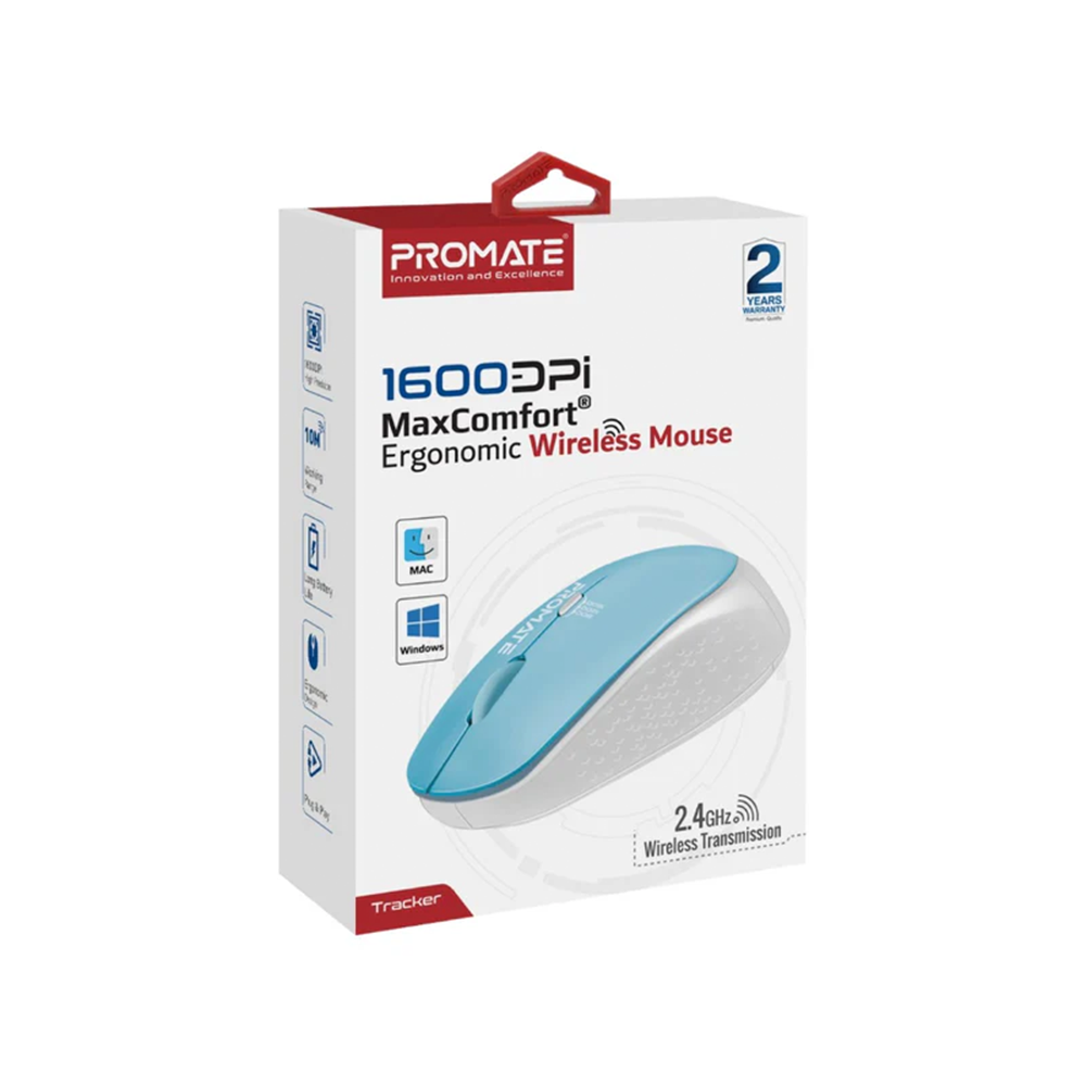 Promate 1600DPI MaxComfort Ergonomic Wireless Mouse - Blue - Image 4