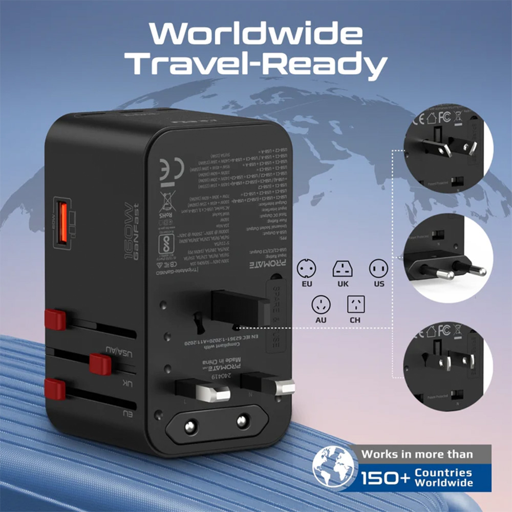 Promate 160W GaNFast Universal Travel Adapter with Multiple Ports - Image 3