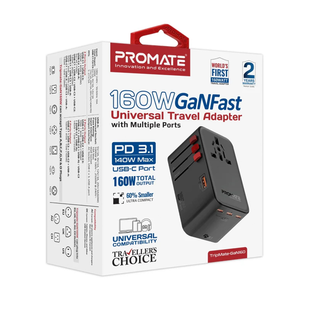 Promate 160W GaNFast Universal Travel Adapter with Multiple Ports - Image 4