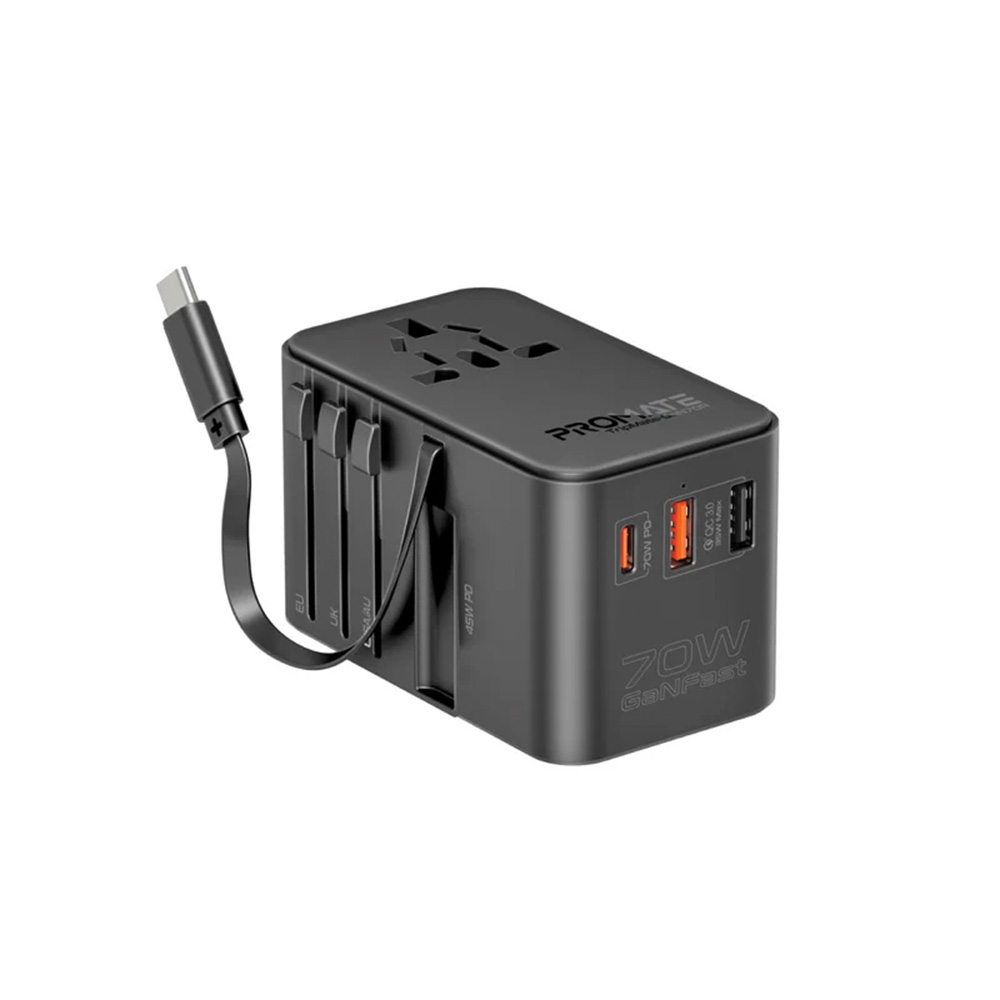 Promate 70W GaN Travel Adapter with Retractable Built-in USB-C Cable