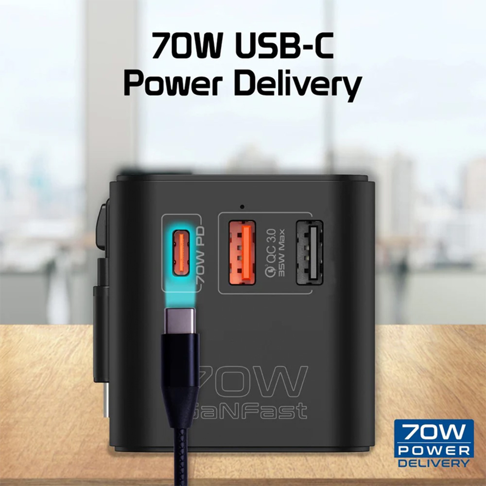 Promate 70W GaN Travel Adapter with Retractable Built-in USB-C Cable - Image 2