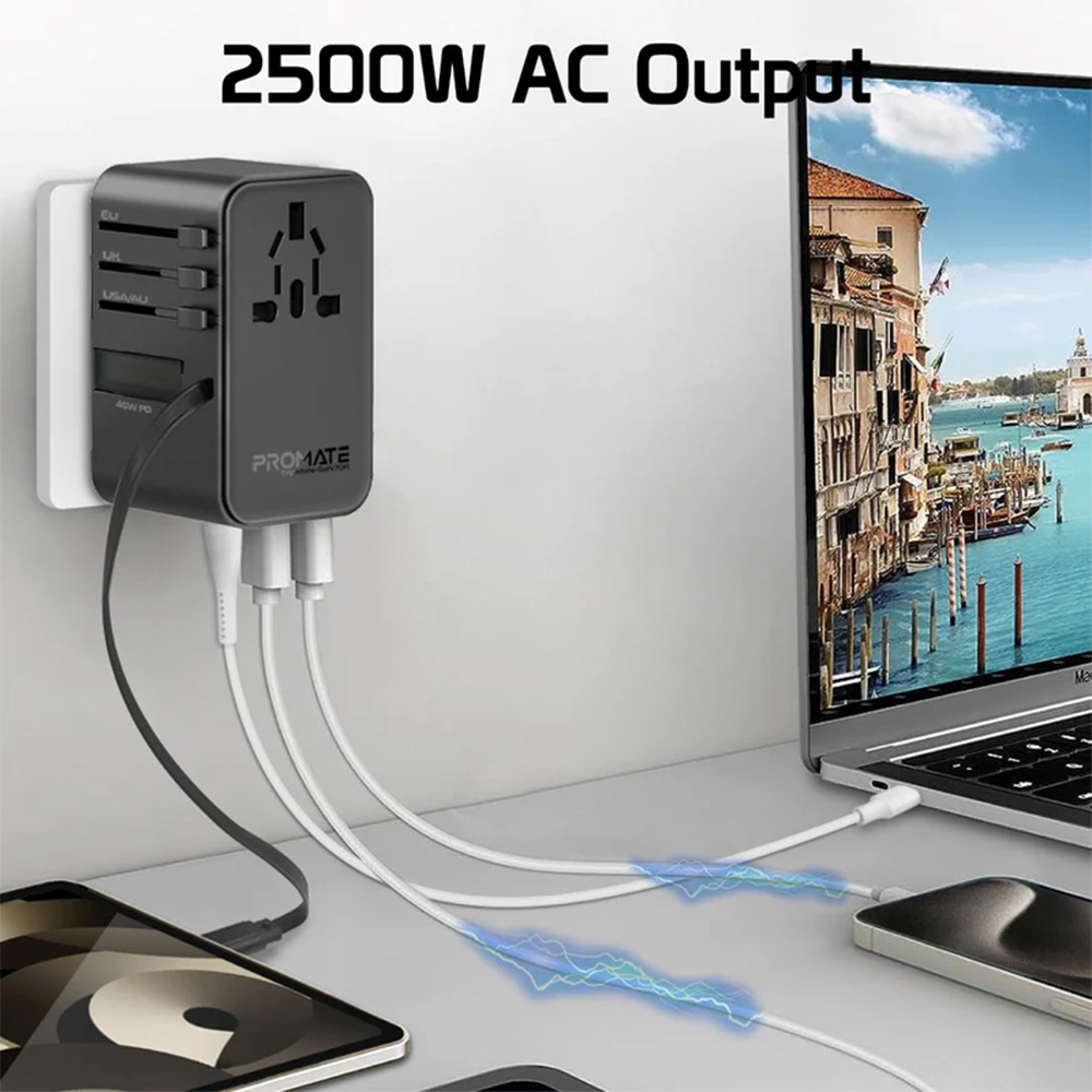 Promate 70W GaN Travel Adapter with Retractable Built-in USB-C Cable - Image 3