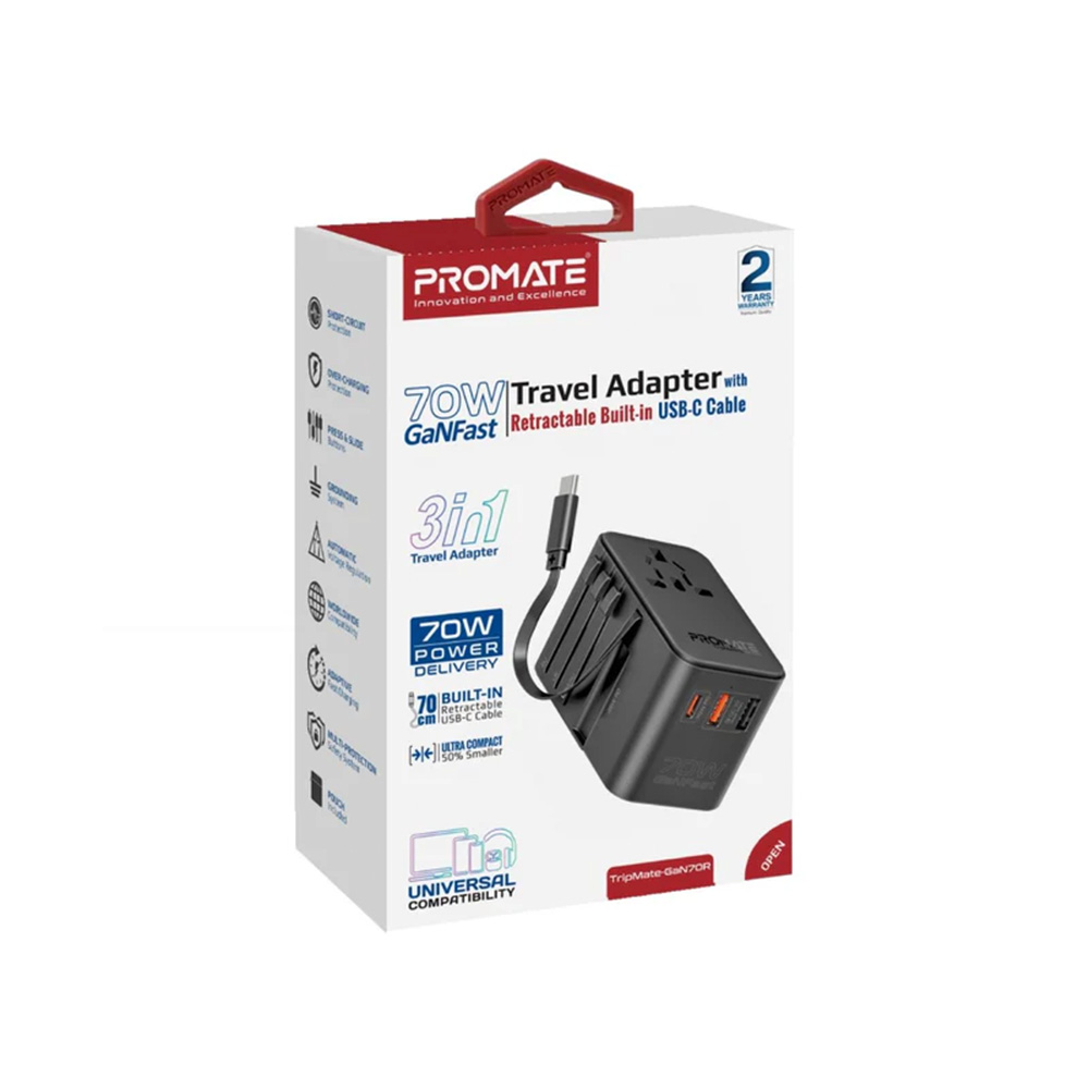 Promate 70W GaN Travel Adapter with Retractable Built-in USB-C Cable - Image 4