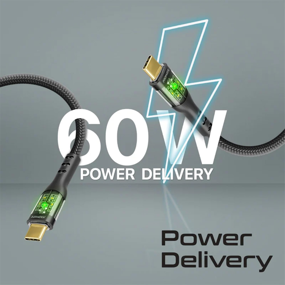 Promate 60W Power Delivery Ultra-Fast USB-C Cable with Transparent Shells - Image 2