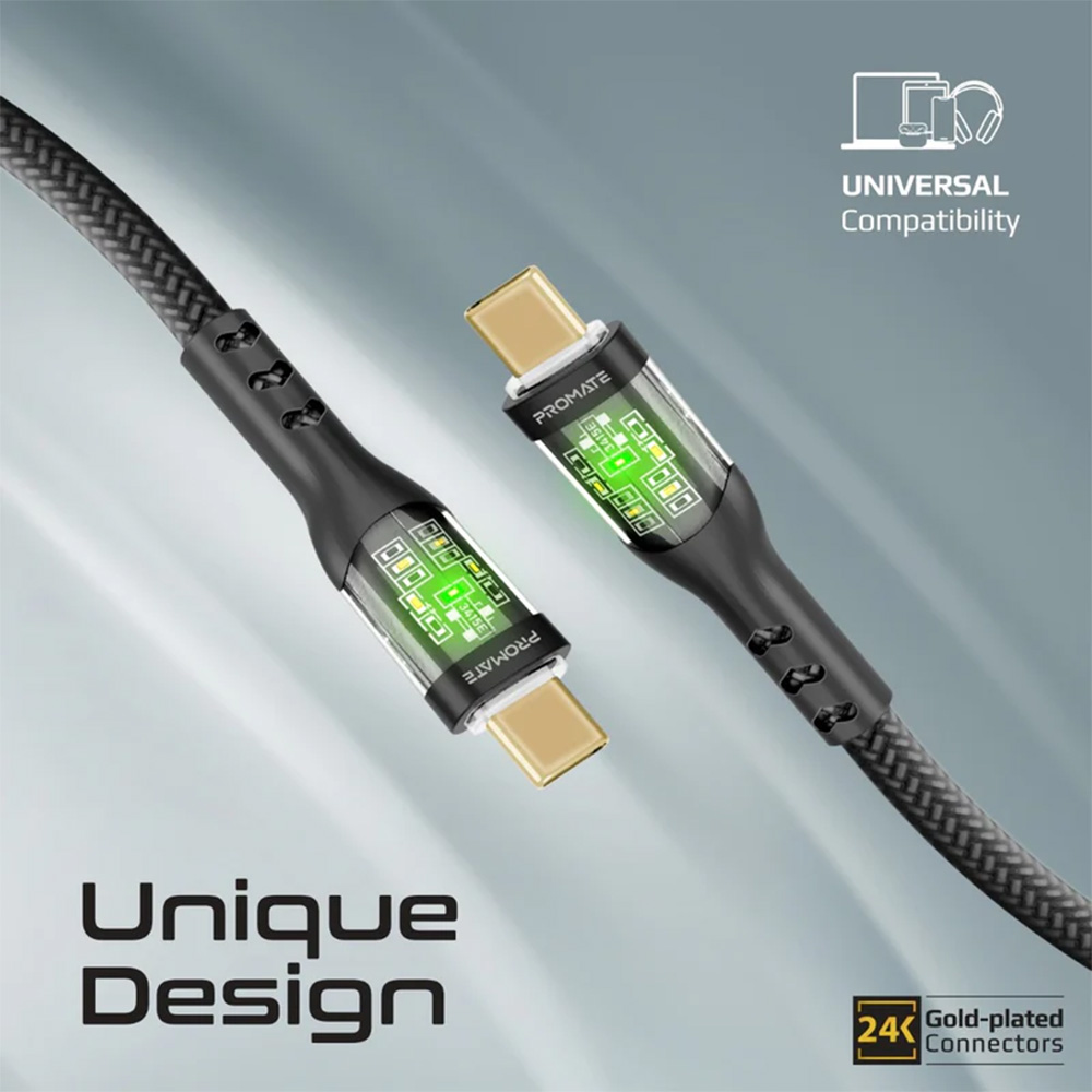 Promate 60W Power Delivery Ultra-Fast USB-C Cable with Transparent Shells - Image 3