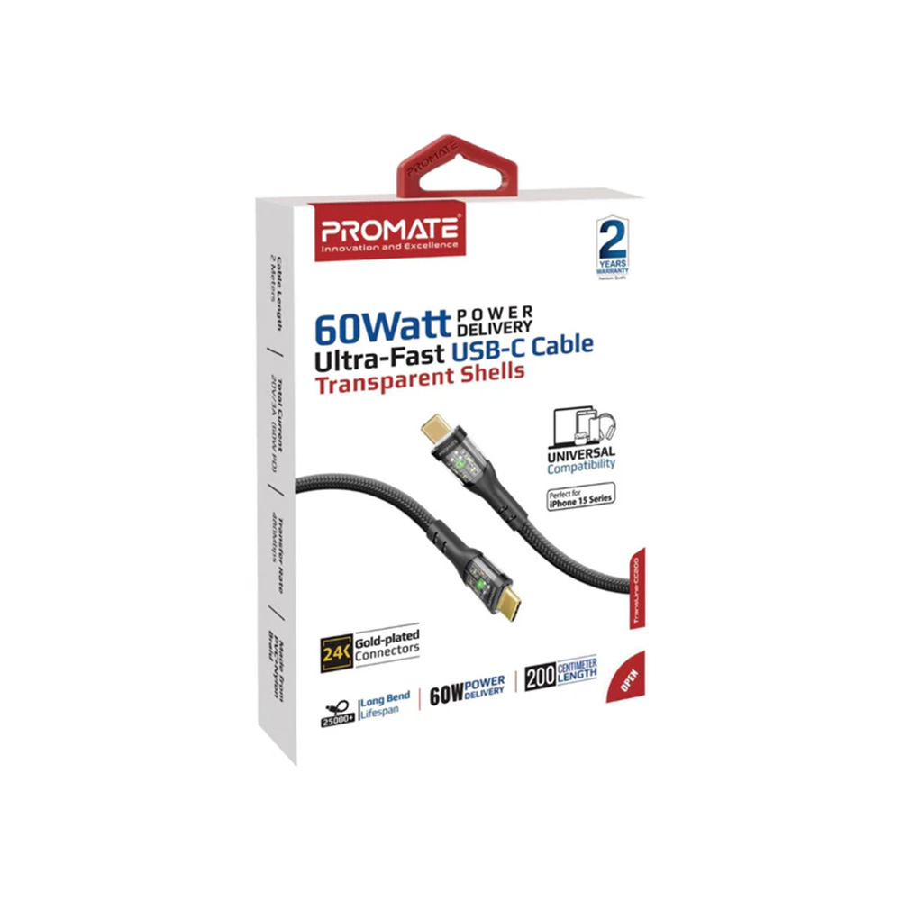 Promate 60W Power Delivery Ultra-Fast USB-C Cable with Transparent Shells - Image 4