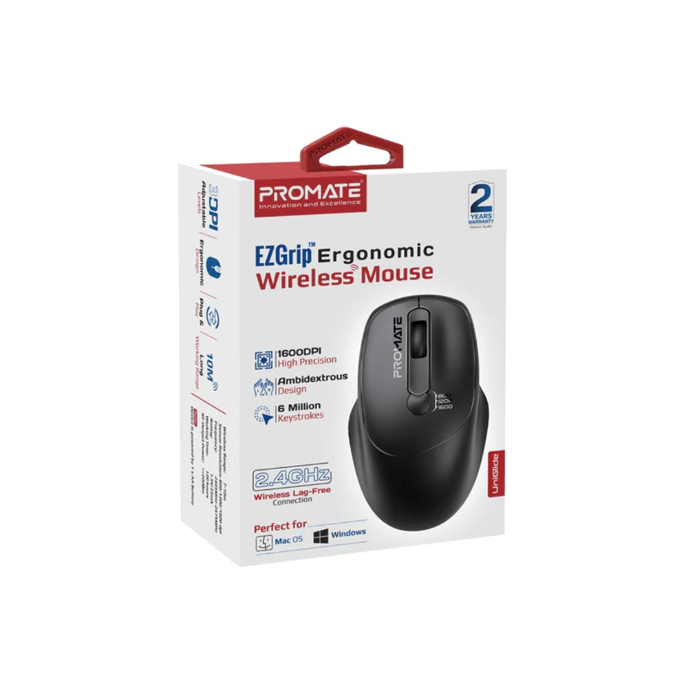Promate EZGrip Ergonomic Wireless Mouse - Black - Image 4