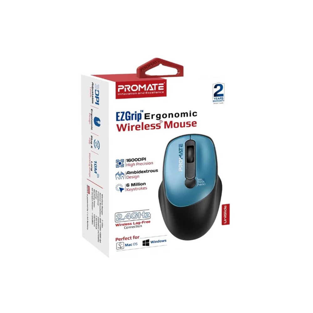 Promate EZGrip Ergonomic Wireless Mouse - Blue - Image 6