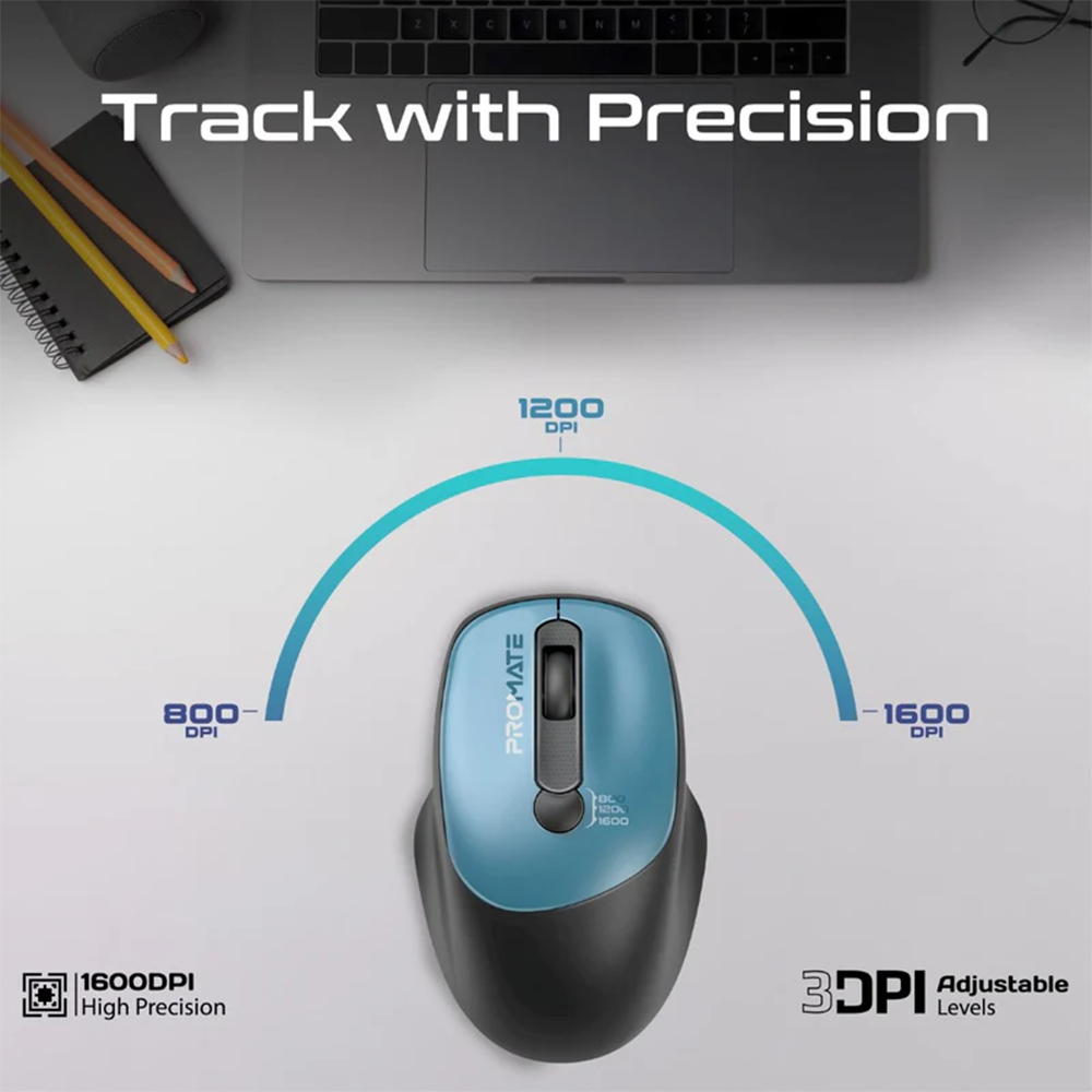 Promate EZGrip Ergonomic Wireless Mouse - Blue - Image 2