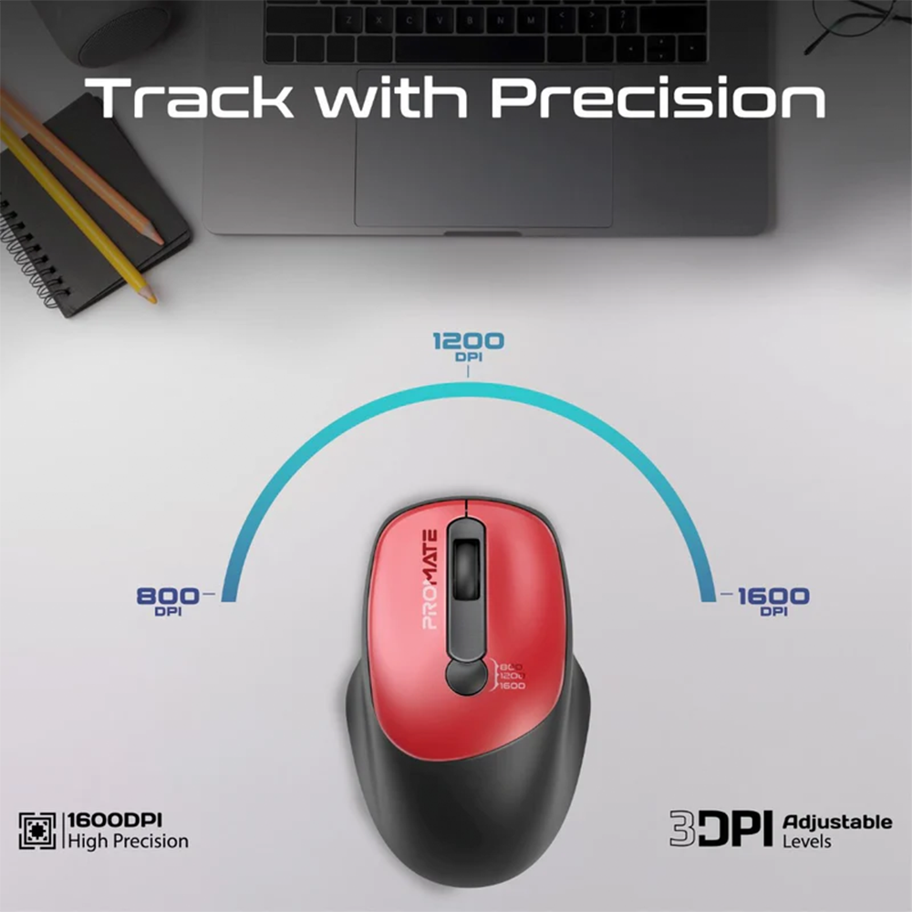 Promate EZGrip Ergonomic Wireless Mouse - Red - Image 2