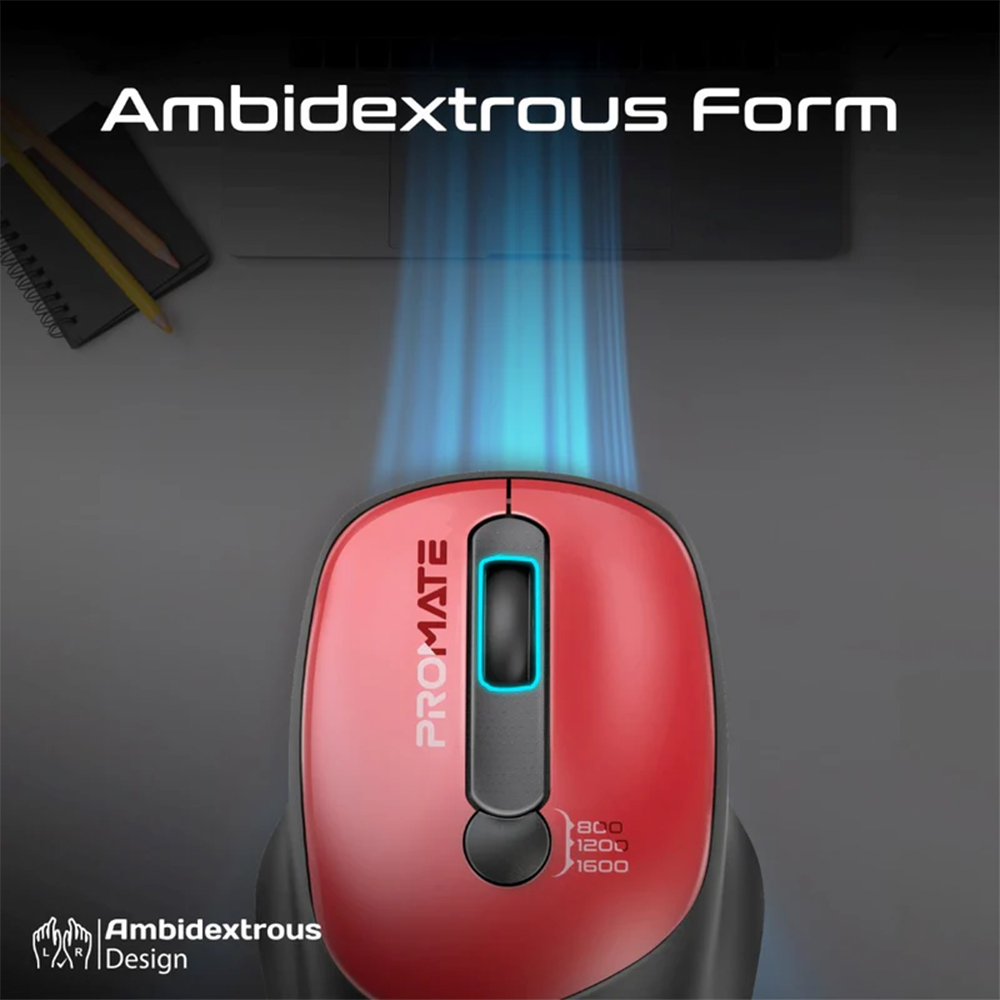 Promate EZGrip Ergonomic Wireless Mouse - Red - Image 3