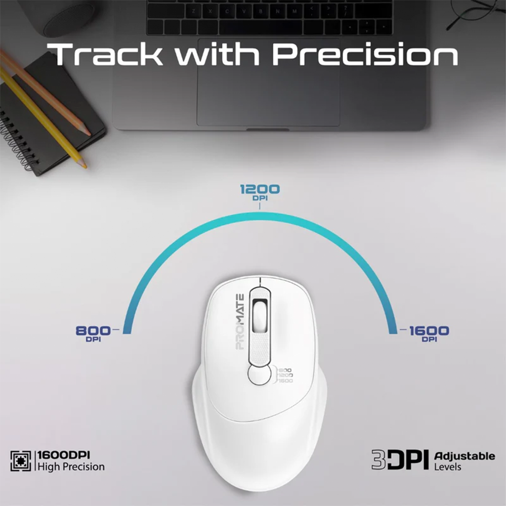 Promate EZGrip Ergonomic Wireless Mouse - White - Image 4