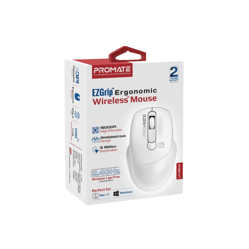 Promate EZGrip Ergonomic Wireless Mouse - White - Image 5