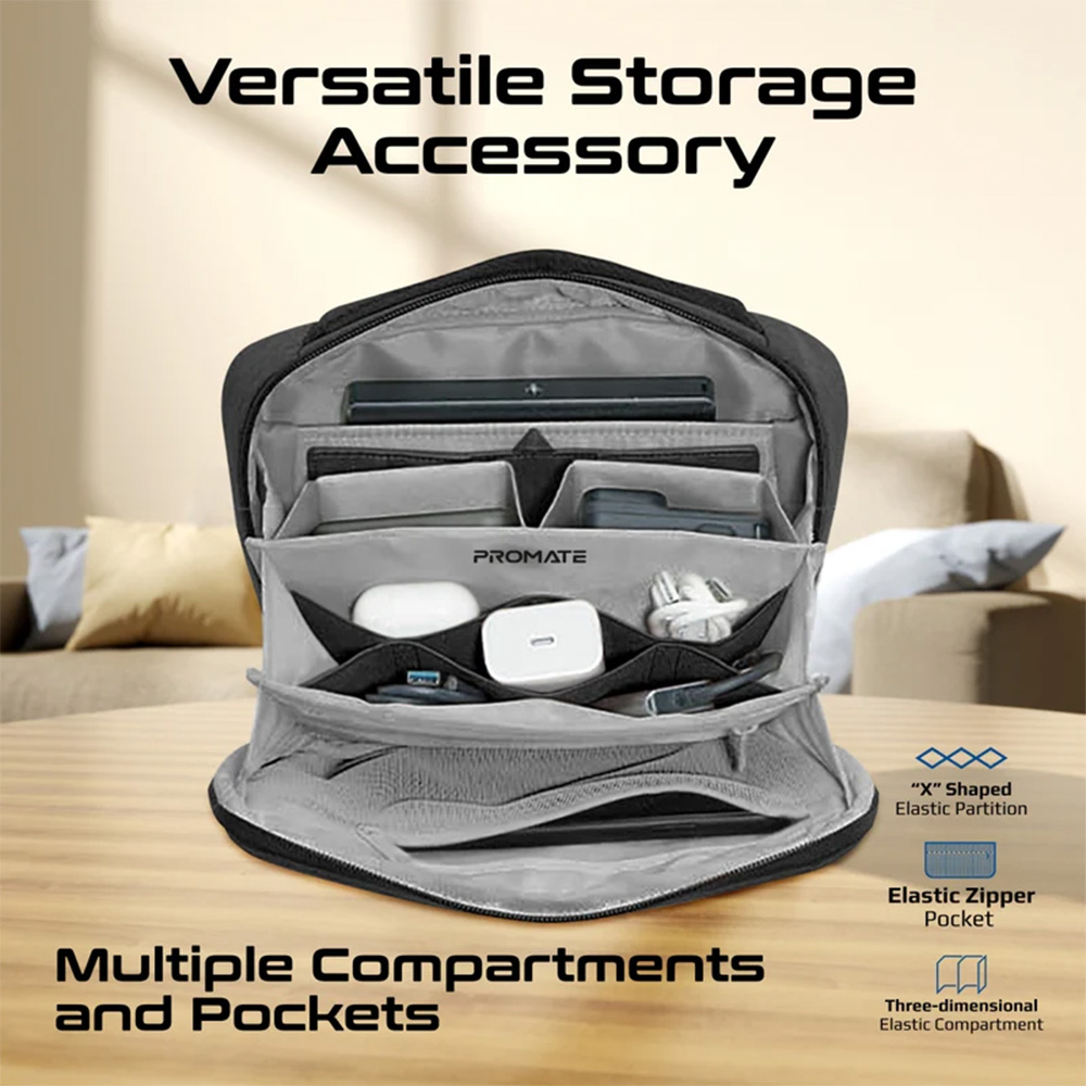 Promate Versatile Tech Essential Organizer Pouch Bag with Multiple Pockets - Black - Image 2