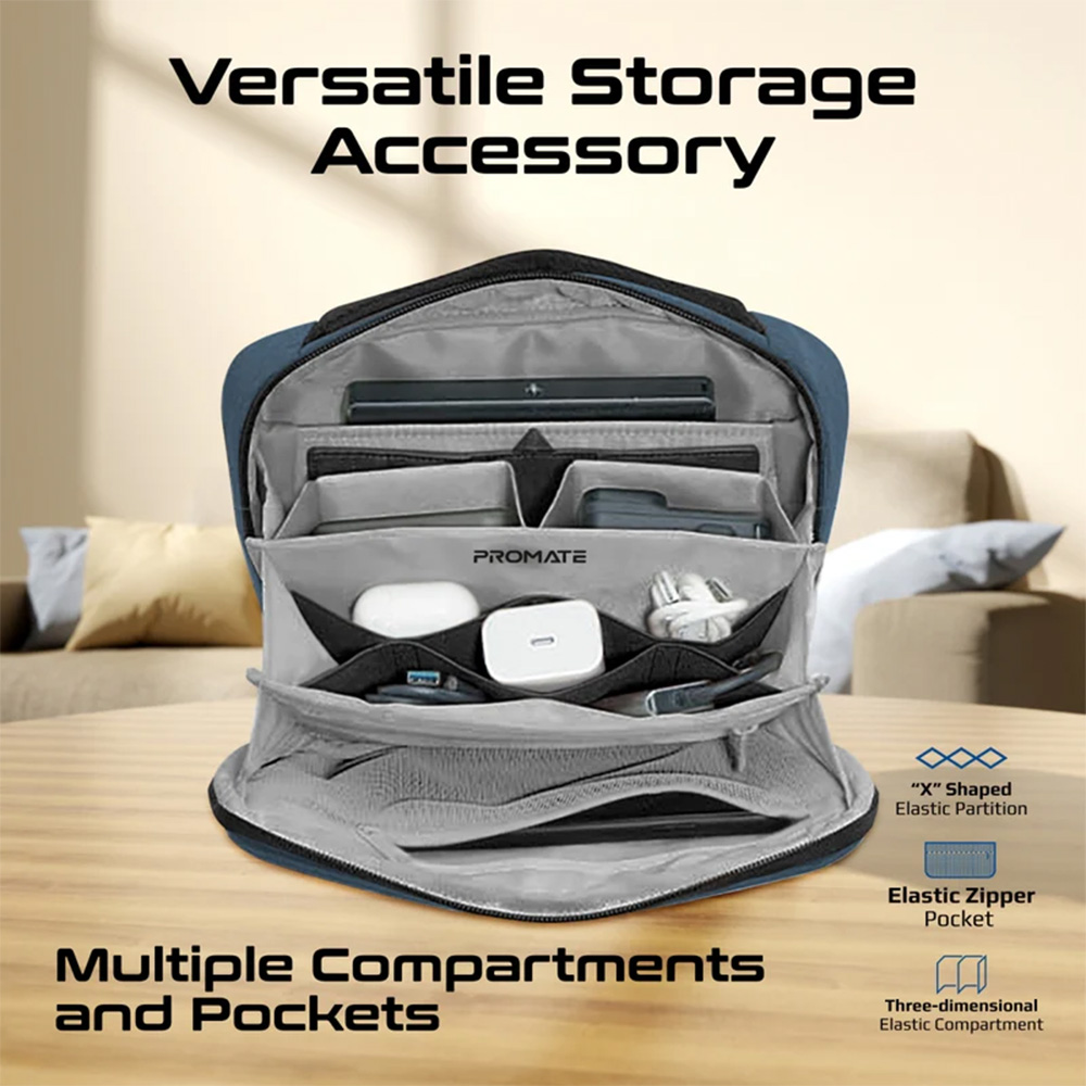 Promate Versatile Tech Essential Organizer Pouch Bag with Multiple Pockets - Blue - Image 2