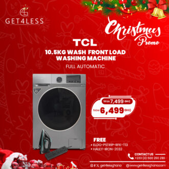 TCL Washing Machine Front Load Full Automatic 10.5 Kg Wash Silver With Free Halley Iron And Eldo Pro Power Strip