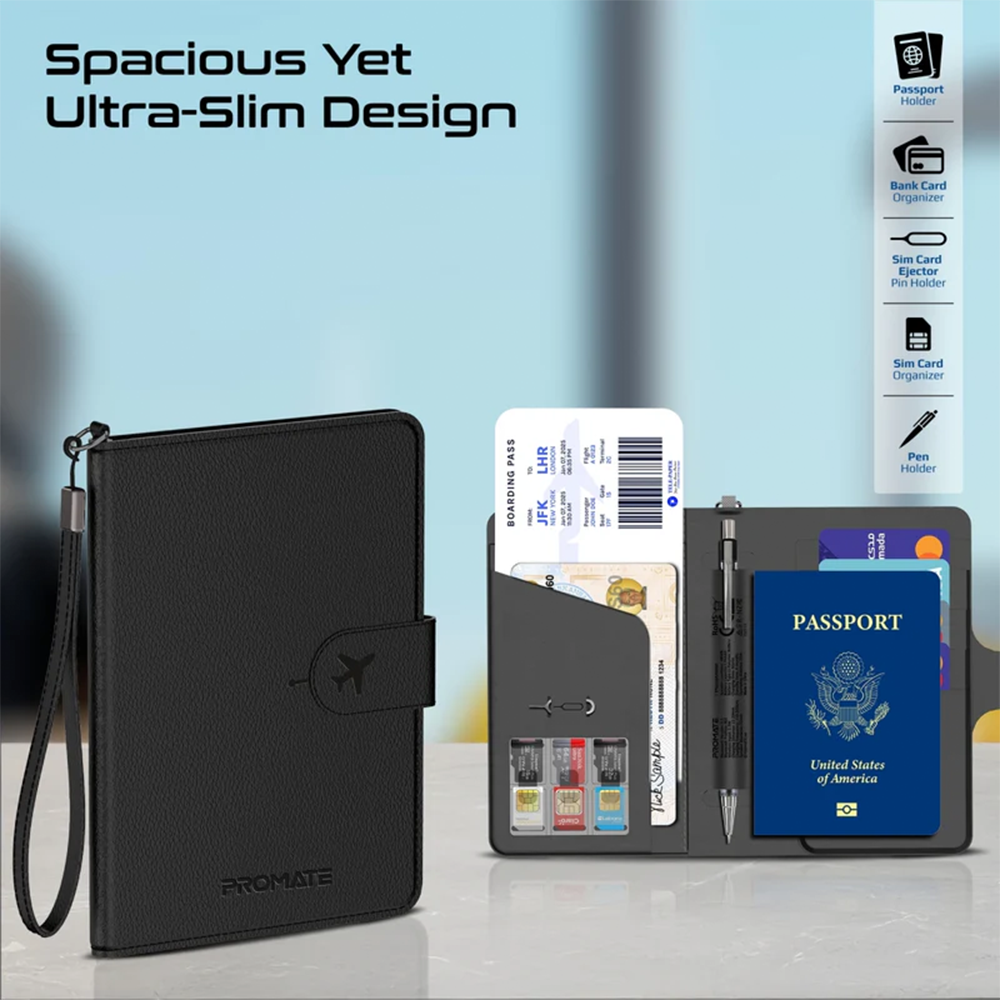 Promate Anti-Loss Slim Leather Passport Holder with RFID Protection & Smart Tracking - Image 3