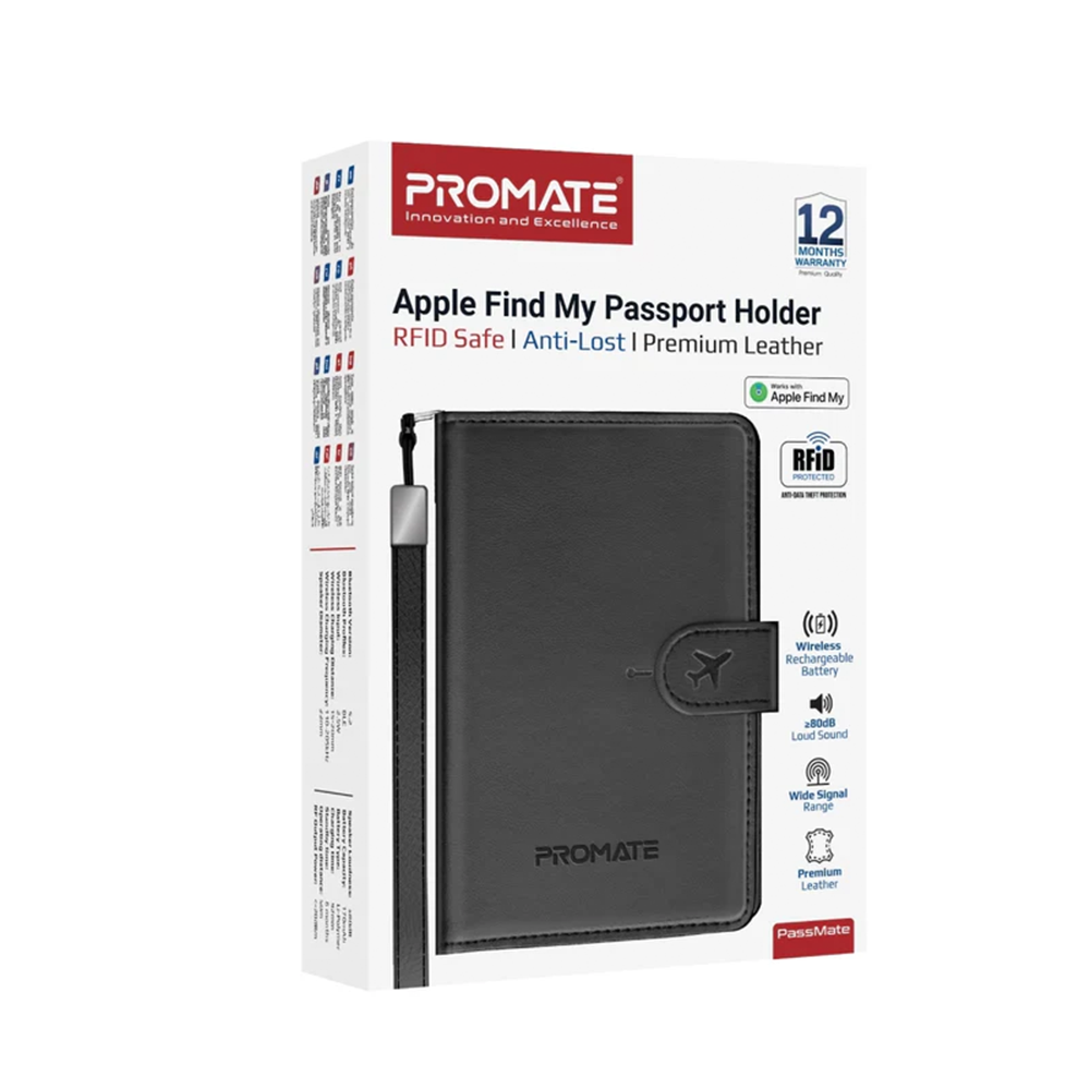 Promate Anti-Loss Slim Leather Passport Holder with RFID Protection & Smart Tracking - Image 4