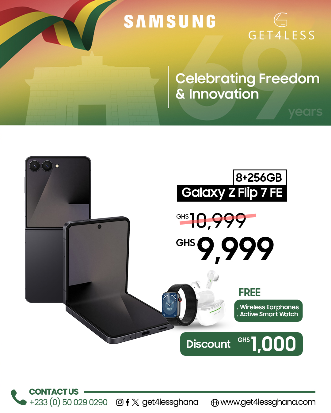 Samsung Galaxy Z Flip 7 FE 256GB 8GB RAM with Free Smart Watch and Wireless Earphone