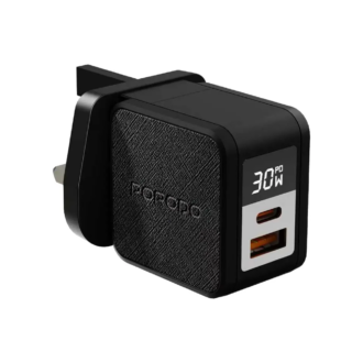 Porodo Quantum GaN 30W A+C UK GaN Charger with Digital Screen with C-L 60W 3A Braided Cable - Black